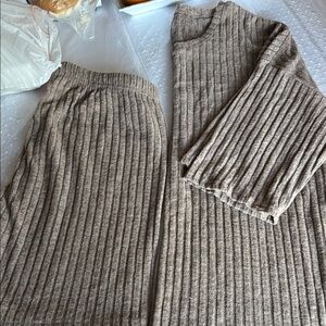Ribbed Knit Sweater and Skirt Set in Beige